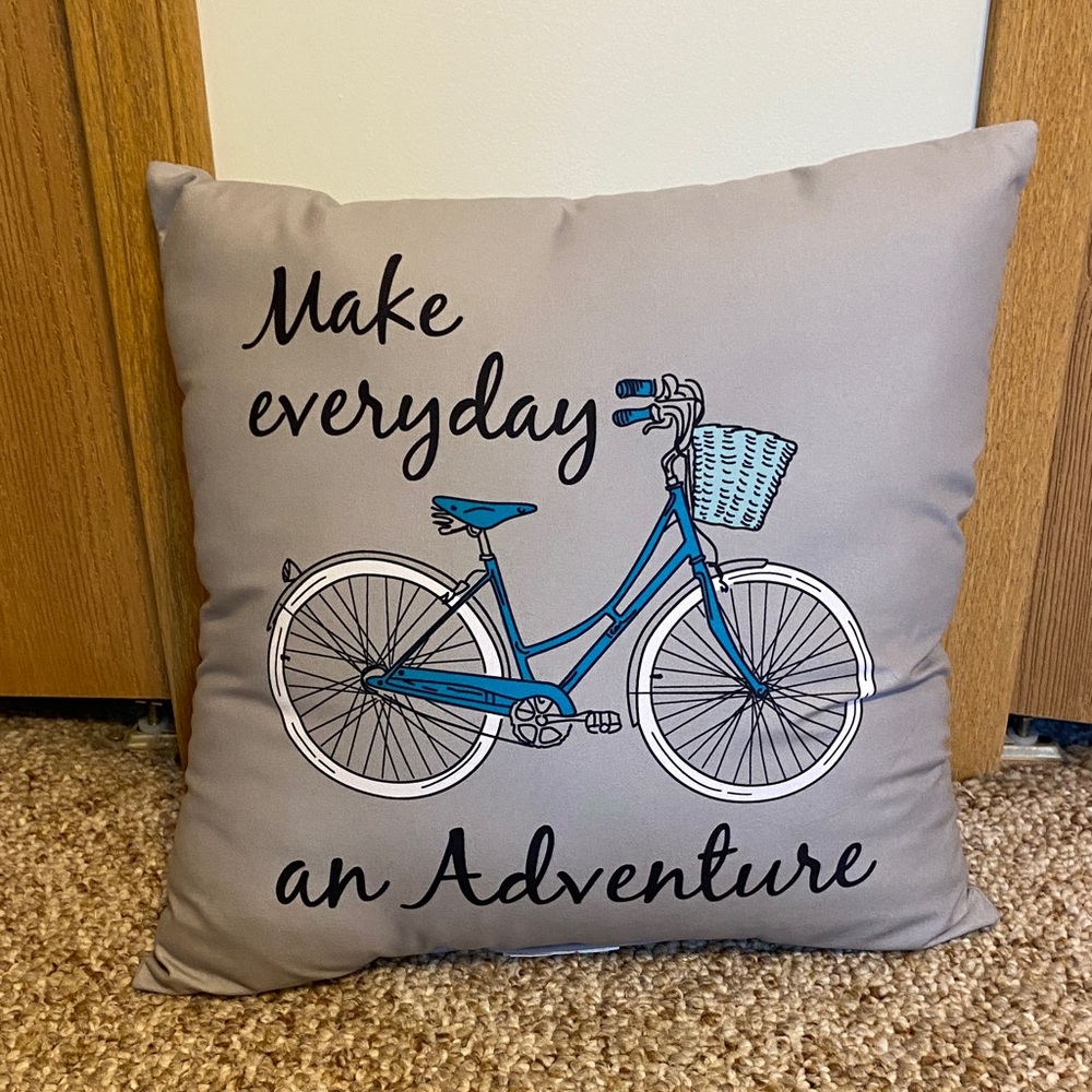 Gray Throw Pillow with Blue Bicycle Print